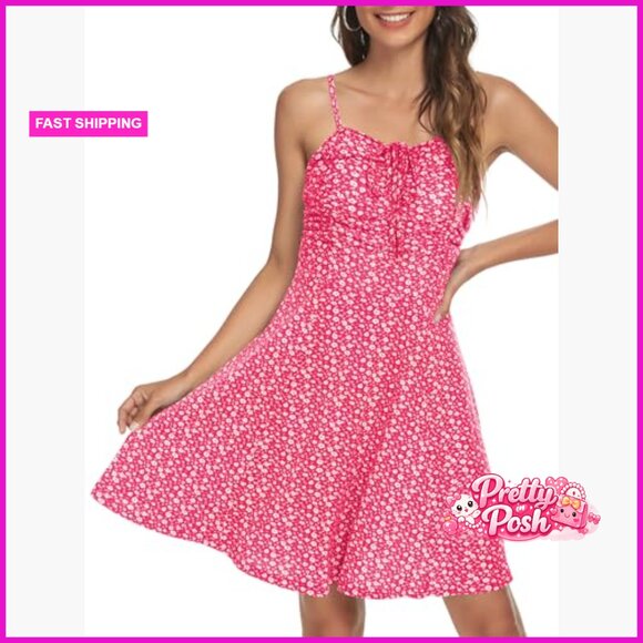 Spaghetti Strap Floral Mini Dress Ruched Front Drawstring Sundress - Picture 4 of 7